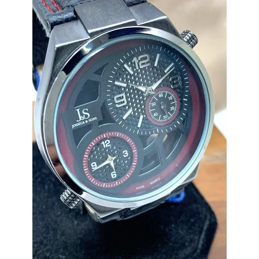 Joshua & Sons Men's Watch JS83 Quartz Dual Time Zone Red Black Dial Leat…